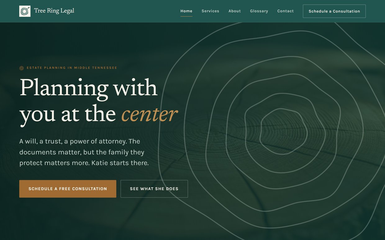 The proposed Tree Ring Legal homepage as it appears before scrolling