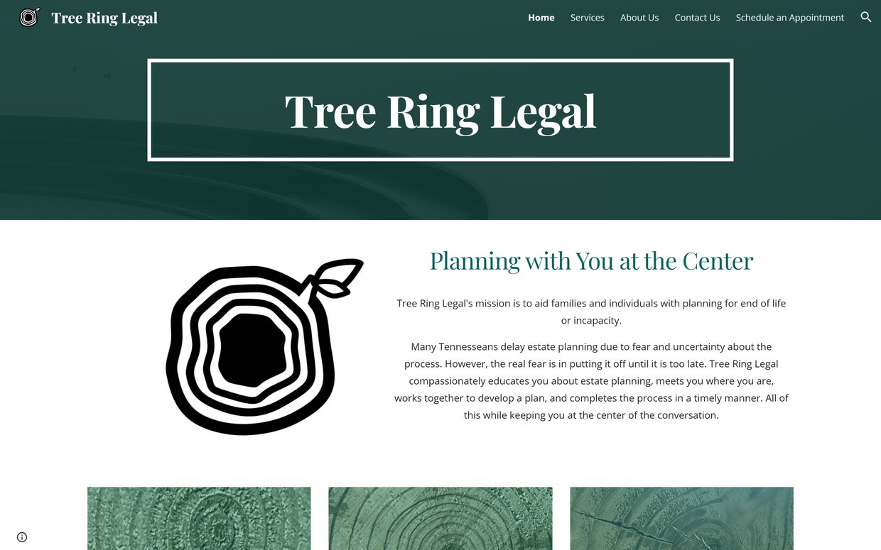 The current Tree Ring Legal homepage as it appears before scrolling
