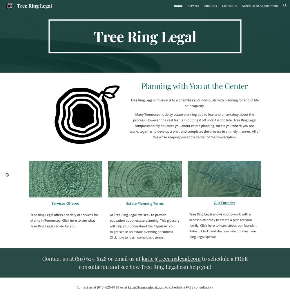 The current Tree Ring Legal homepage from top to bottom