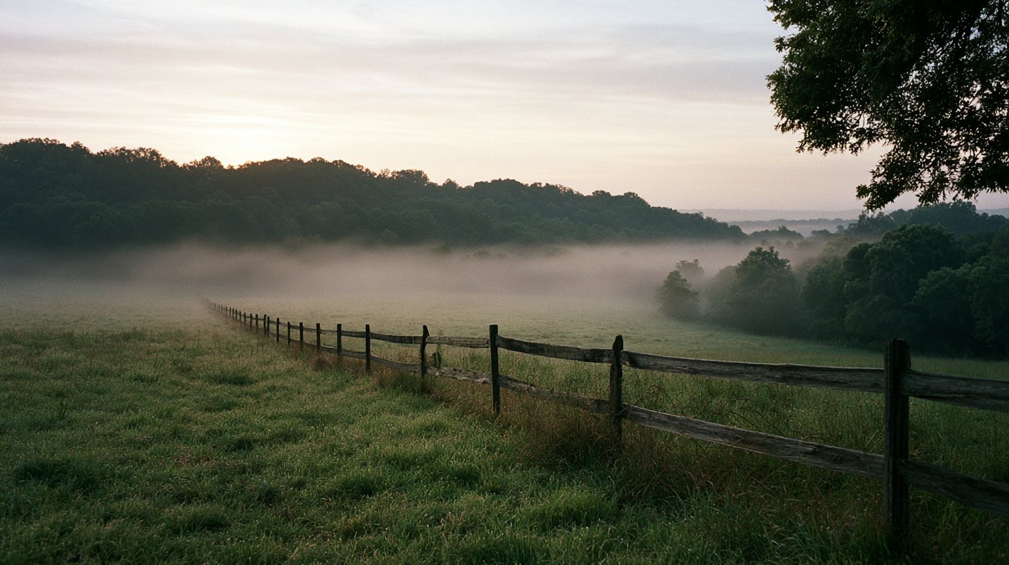 Rolling Middle Tennessee farmland at early morning, mist over the grass and a weathered fence line