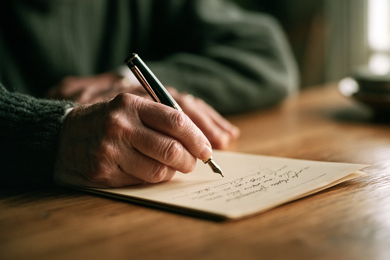An older person signing a document with a fountain pen at a wooden table