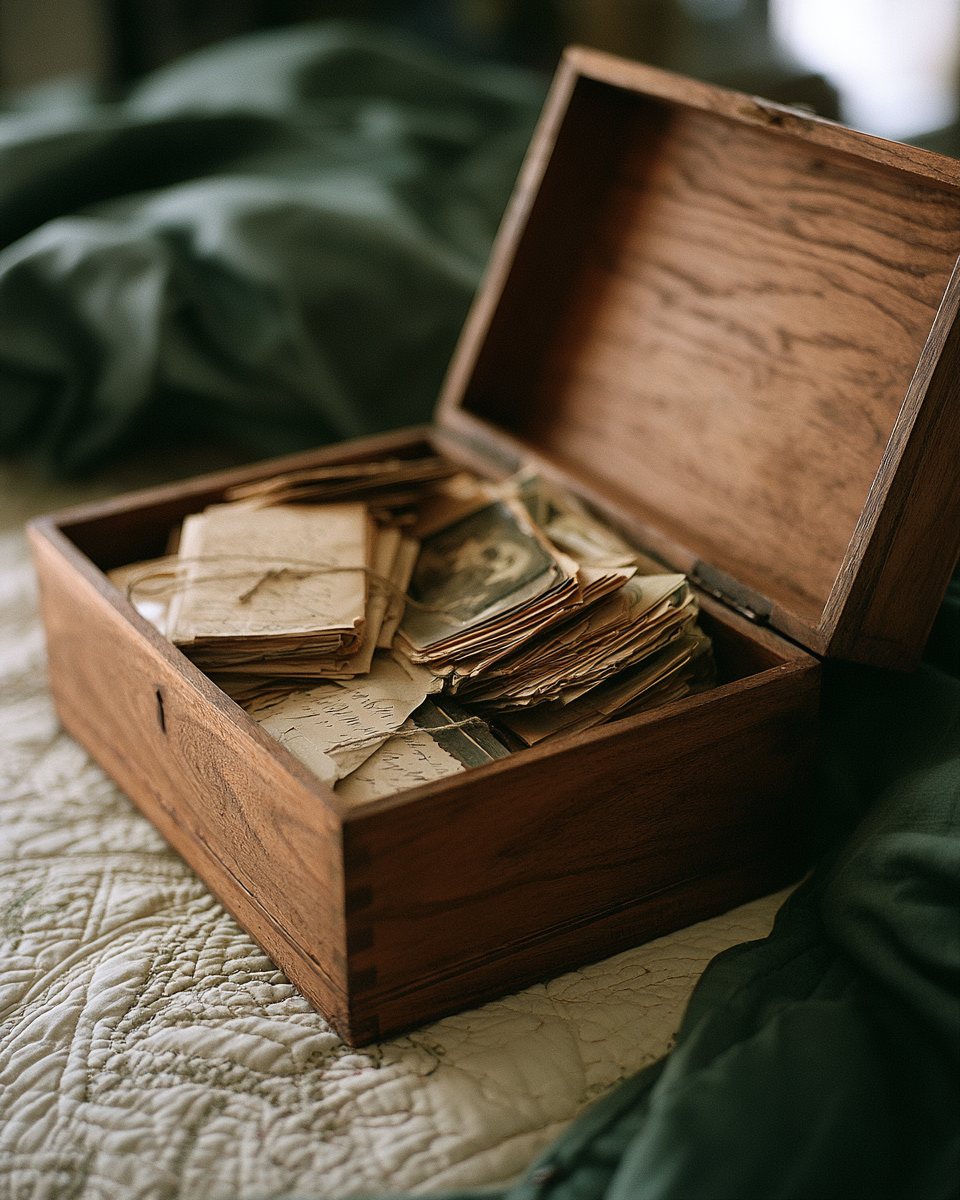 An open wooden keepsake box of bundled letters and family photographs resting on a quilt