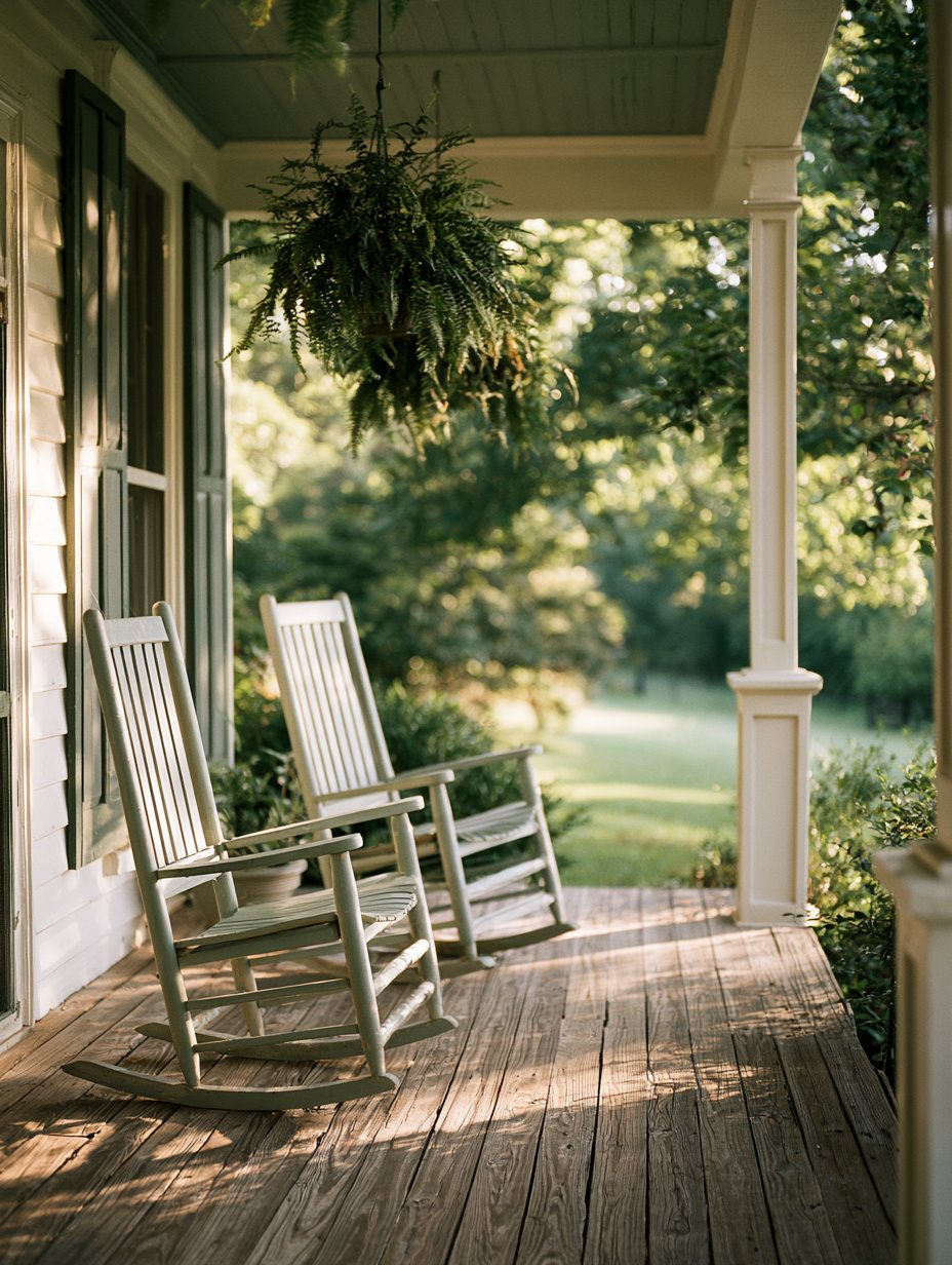 The front porch of a Tennessee farmhouse with two rocking chairs in morning light