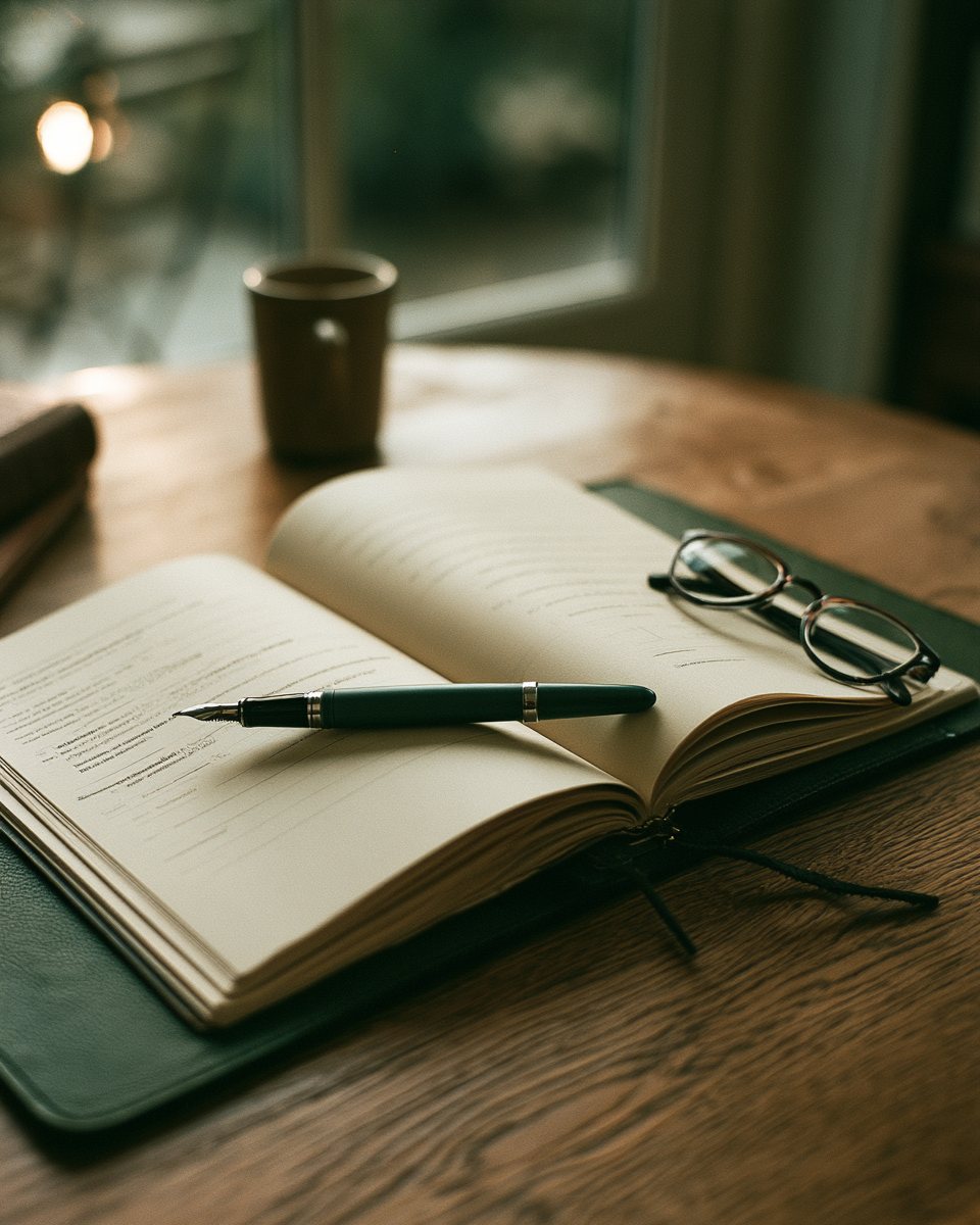 An open leather portfolio with document pages, a fountain pen, and reading glasses on an oak desk