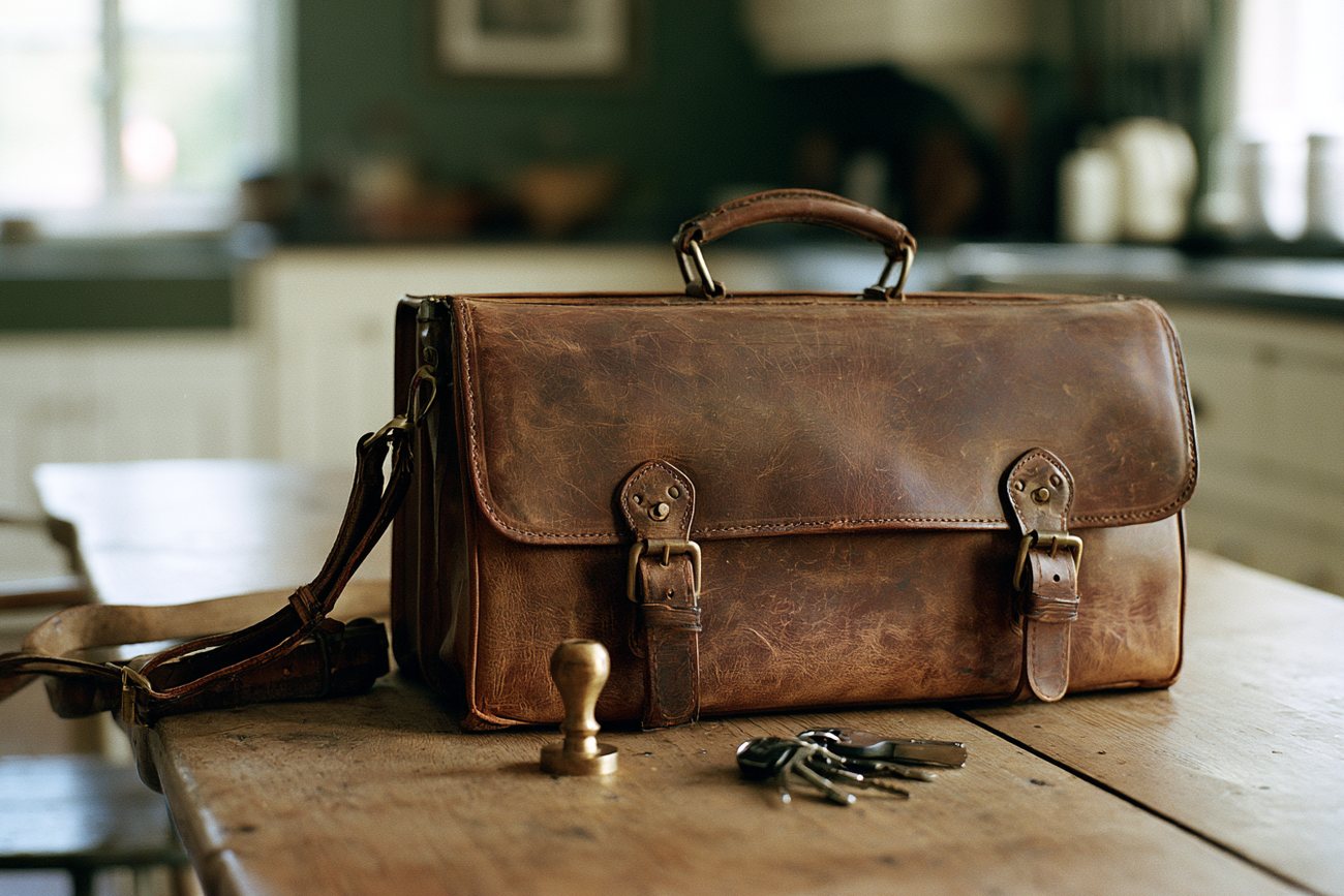 A worn leather satchel and a brass notary seal on a family kitchen table